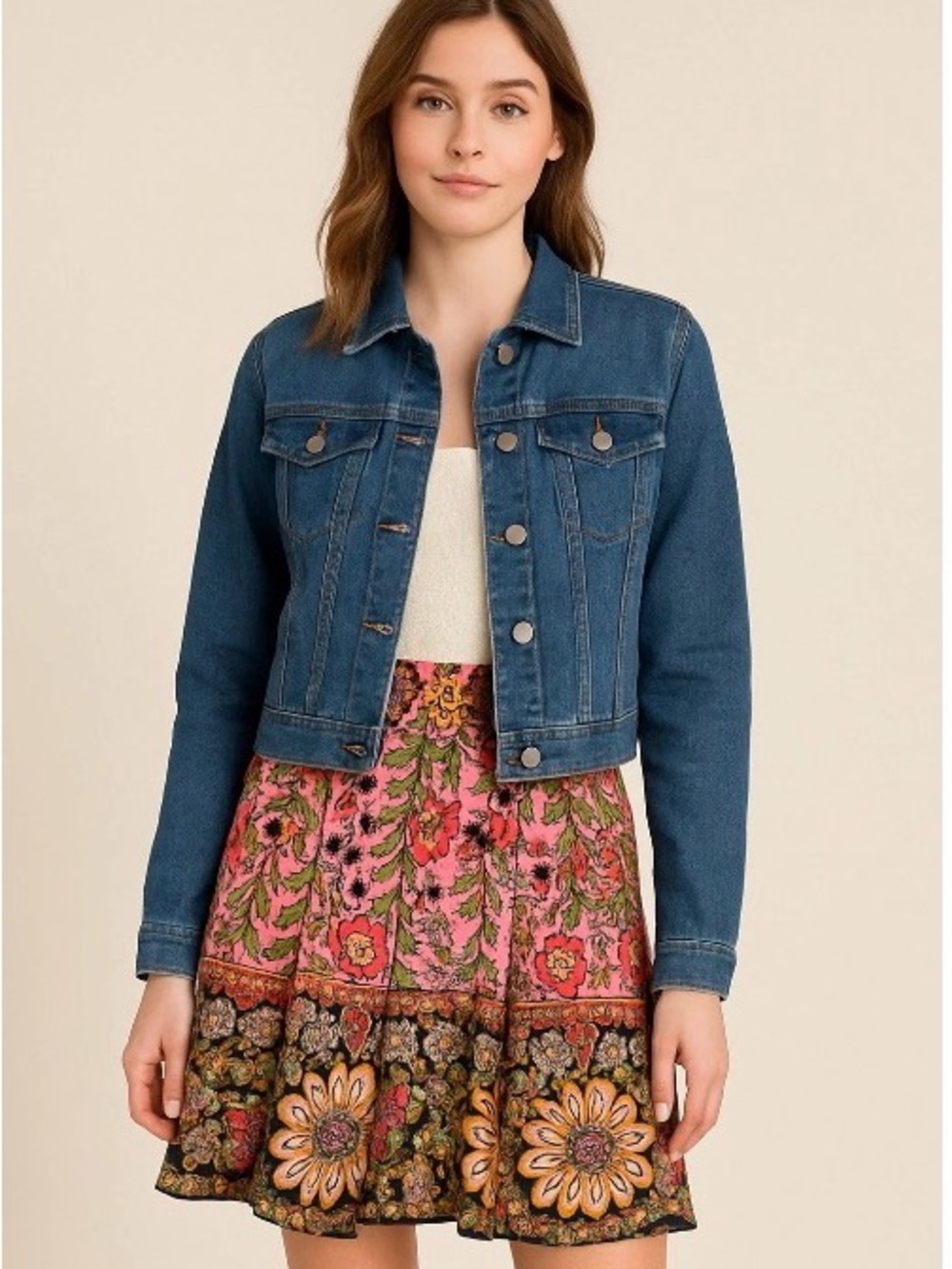 CAbi Ashbury Retro Pink Floral Patchwork Skirt Pockets Pleated Multicolor Size 6